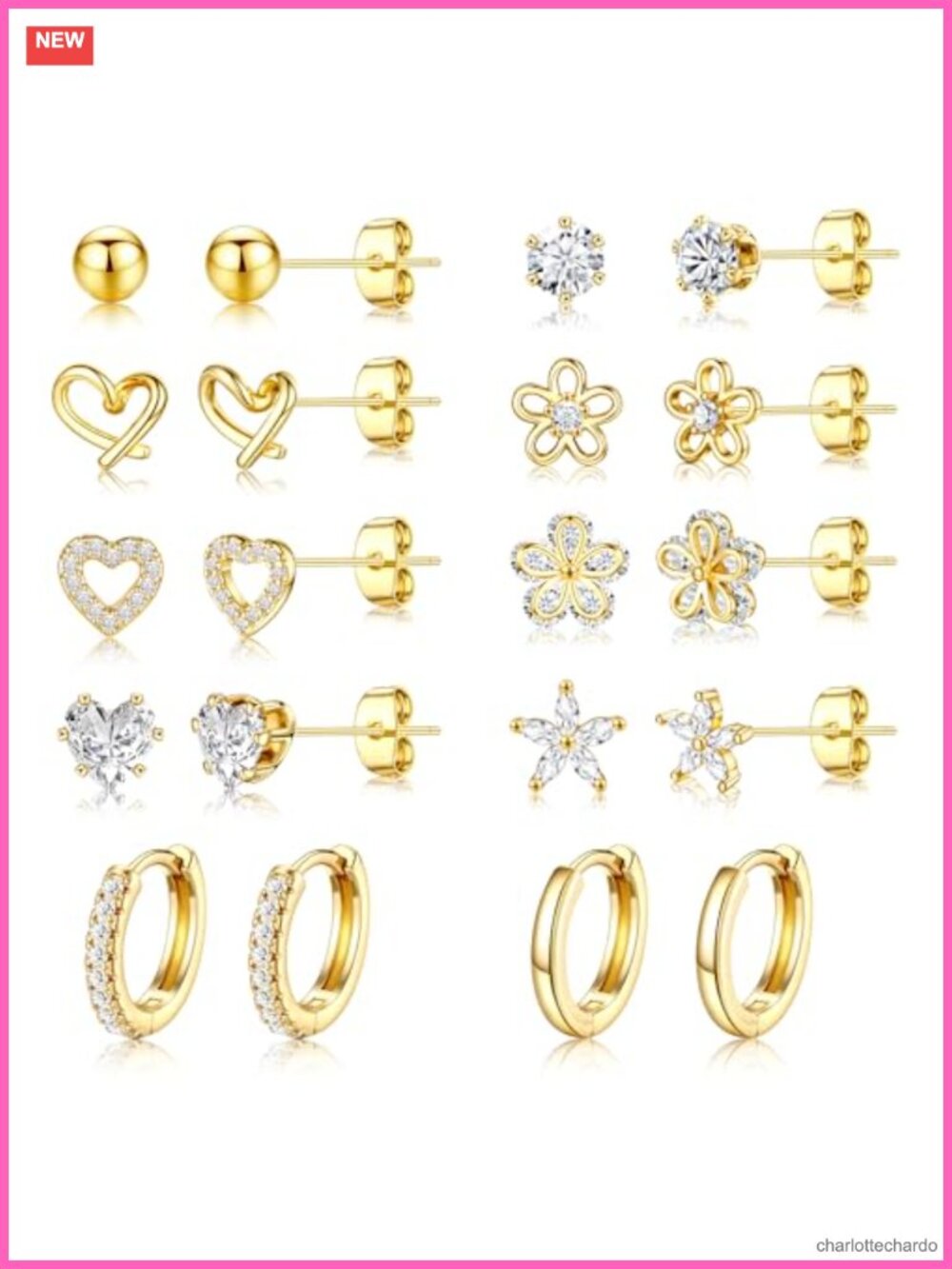 8 Pairs Gold Stud Earrings Set 14K Gold Plated CZ Hypoallergenic Earrings